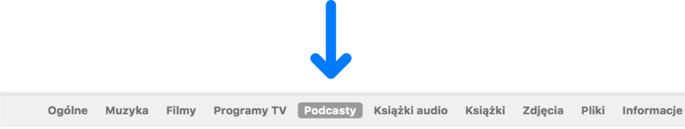 Pasek przycisków z zaznaczonym przyciskiem Podcasty.