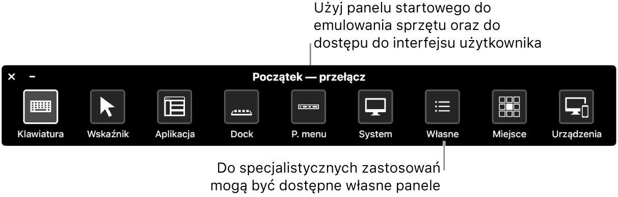 Panel startowy funkcji Sterowanie przełącznikami. Zawiera on następujące przyciski sterujące, od lewej do prawej: Klawiatura, Wskaźnik, Aplikacja, Dock, Pasek menu, System, Własne, Miejsce oraz Urządzenia.