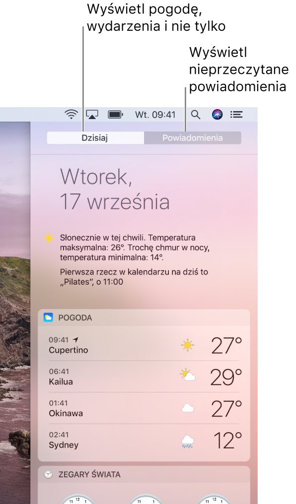 Widok dnia dzisiejszego, wyświetlający pogodę z trzech miejsc. Kliknij w kartę Powiadomienia, aby zobaczyć nieodebrane powiadomienia.