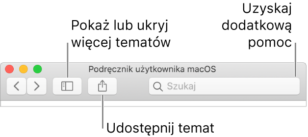 Okno pomocy, zawierające przyciski na pasku narzędzi. Kliknięcie w pierwszy z nich pozwala ukryć lub pokazać spis treści, a kliknięcie w drugi z nich pozwala udostępnić bieżący temat. Dale znajduje się pole wyszukiwania, pozwalające na szukanie tematów.