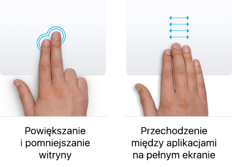 Przykłady gestów gładzika do przybliżania i oddalania strony internetowej oraz poruszania się między aplikacjami wyświetlanymi na pełnym ekranie.