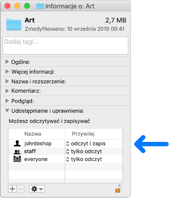 Ustawienia uprawnień na dole okna Informacje.