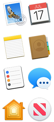 Ícones dos apps Mail, Calendário, Notas, Contatos, Lembretes, Mensagens, Casa e News