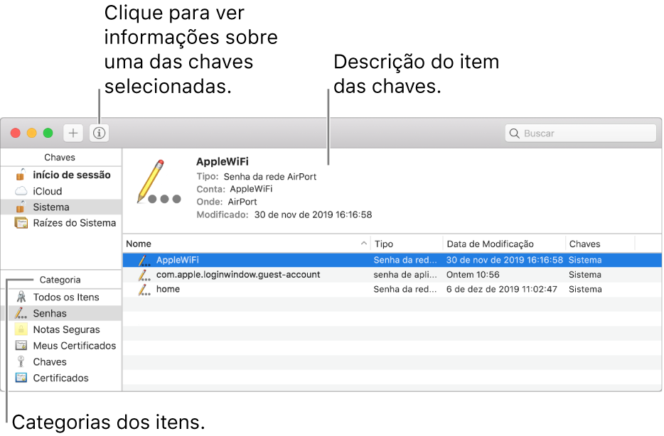 Áreas principais da janela do Acesso às Chaves: lista de categorias, lista dos itens de chaves e descrição dos itens de chaves.