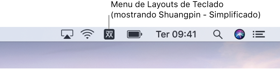O lado direito da barra de menus. O ícone do menu Entrada aparece, mostrando Shuangpin - Simplificado.