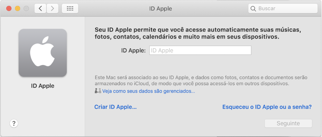 Diálogo de um ID Apple aguardando a digitação de um ID Apple. O link Criar ID Apple permite que você crie um novo ID Apple.