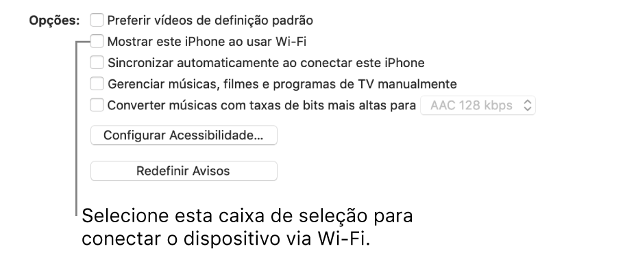 Opções de sincronização exibindo as opções de gerenciar manualmente itens de conteúdo com a caixa de seleção “Mostrar este [dispositivo] ao usar Wi-Fi” identificada.