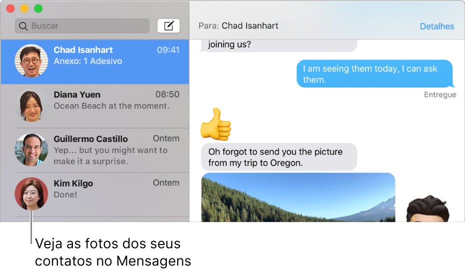 Barra lateral do app Mensagens mostrando as imagens das pessoas ao lado dos seus nomes.