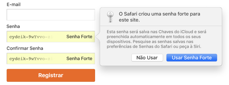 Um diálogo mostrando que o Safari criou uma senha forte para um site e que ela será salva nas Chaves do iCloud e ficará disponível para Preenchimento Automático nos dispositivos do usuário.