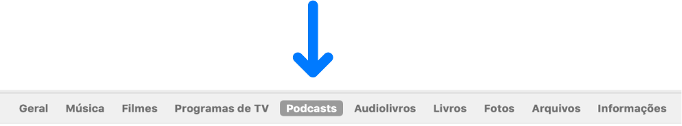 Barra de botões mostrando a seleção Podcasts.