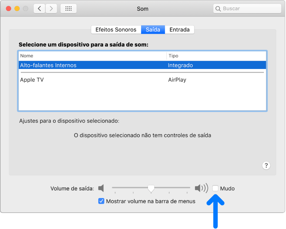 A opção Mudo no fundo do painel de preferências Som.