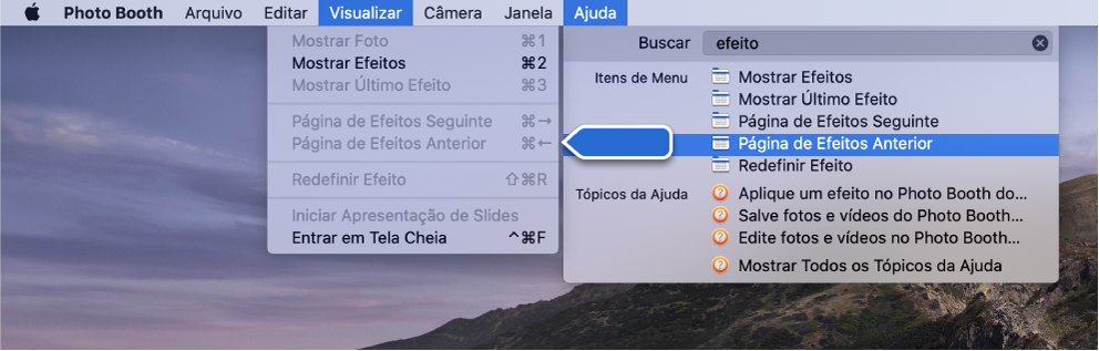 O menu “Ajuda Photo Booth” com o resultado de uma busca para um item de menu selecionado e uma seta apontando para o item nos menus do app.
