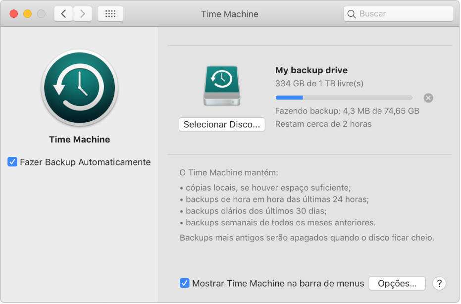 Preferência Time Machine mostrando o progresso de um backup para uma unidade externa.