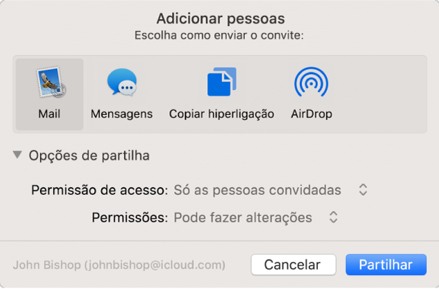 A janela “Adicionar pessoas” a mostrar aplicações que pode usar para enviar convites e as opções para partilhar documentos.