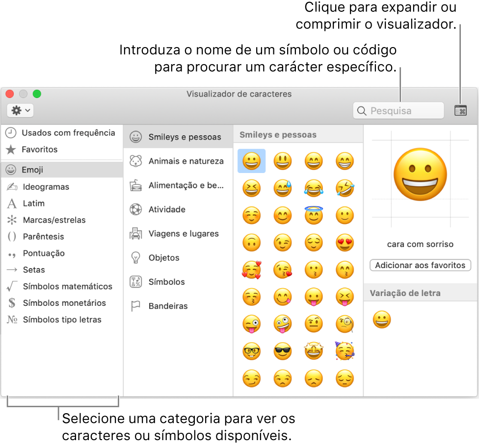 A janela do visualizador de caracteres. Selecione uma categoria à esquerda para percorrer os caracteres ou símbolos. No campo de pesquisa, introduza o nome de um símbolo ou código para procurar um carácter específico. No canto superior direito do, clique para expandir ou comprimir o visualizador.