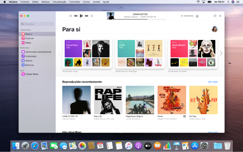 A janela da aplicação Música a mostrar as sugestões de música “Para si”.