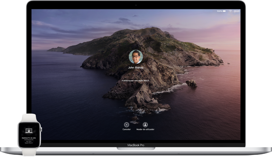 Um Apple Watch a mostrar uma notificação que está a desbloquear o Mac, ao lado do Mac que está a ser desbloqueado.