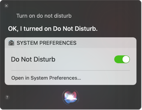 A janela de Siri a mostrar um pedido para realizar uma tarefa, “Turn on do not disturb.”