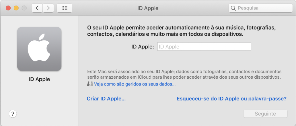 Caixa de diálogo de início de sessão do ID Apple, pronta para a introdução do nome e palavra-passe de um ID Apple.