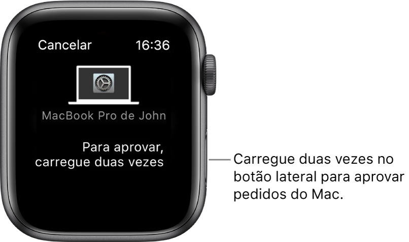 O Apple Watch a mostrar um pedido de aprovação de um MacBook Pro.