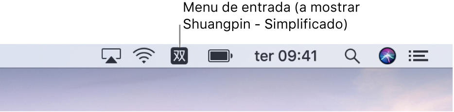 O lado direito da barra de menus. O ícone do menu “Tipo de teclado” aparece, mostrando Shuangpin - simplificado.