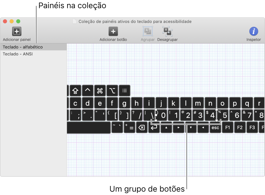 Uma parte de uma janela de coleção de painéis ativos a mostrar uma lista de painéis de teclado à esquerda e, à direita, botões e grupos contidos num painel.