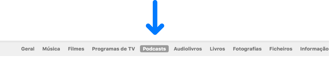 A barra de botões a mostrar Podcasts selecionados.