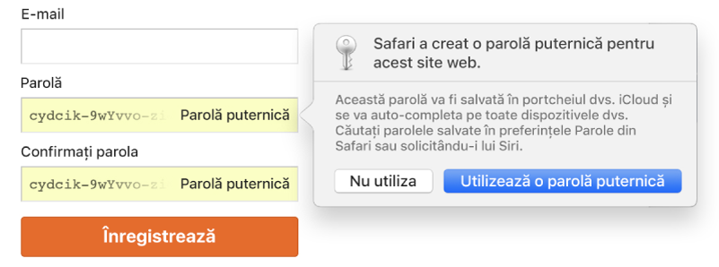 O alertă Safari arătând că Safari a creat o parolă puternică pentru un site web și o va salva în Portchei iCloud.