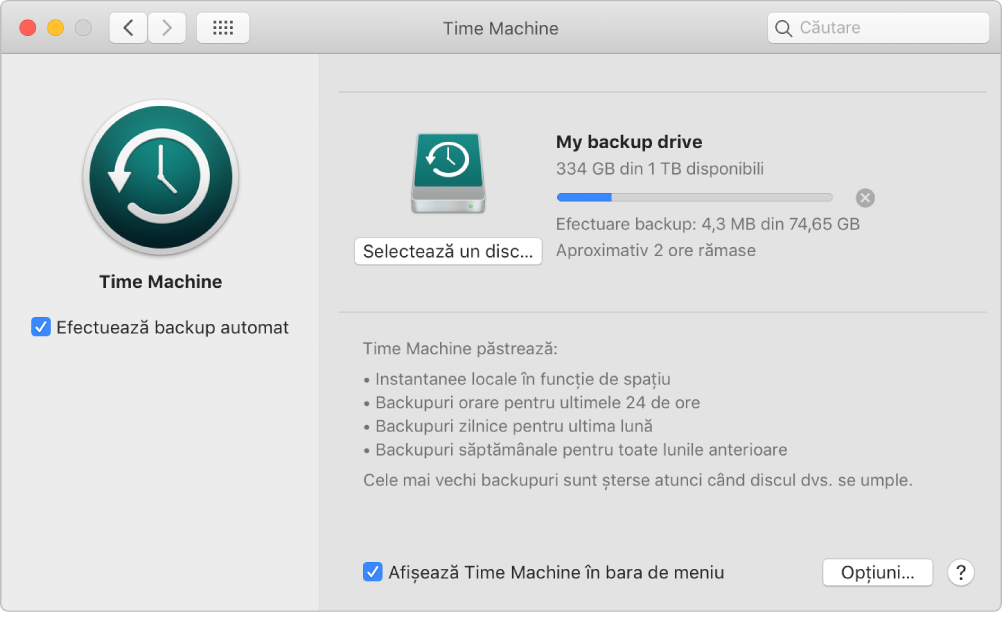 Preferințele pentru Time Machine afișând progresul backupului pe un disc extern.