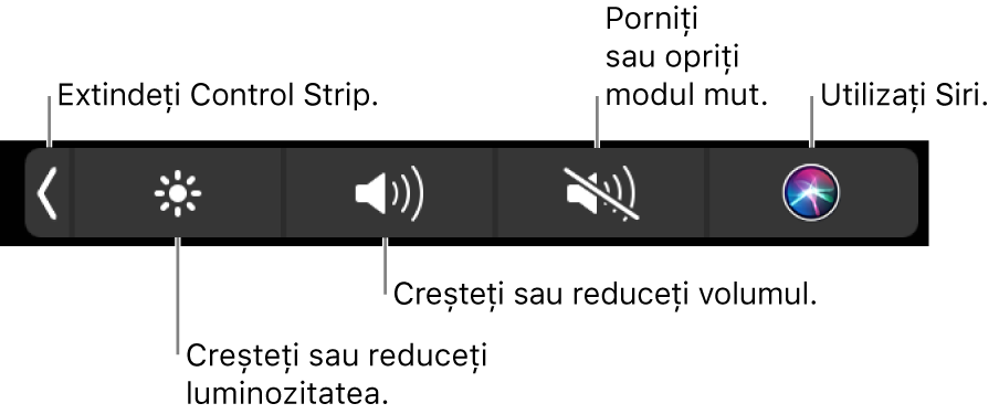 Control Strip restrâns include butoane – de la stânga la dreapta – pentru extinderea Control Strip, creșterea sau reducerea luminozității ecranului și a volumului, activarea sau dezactivarea modului mut și punerea de întrebări pentru Siri.