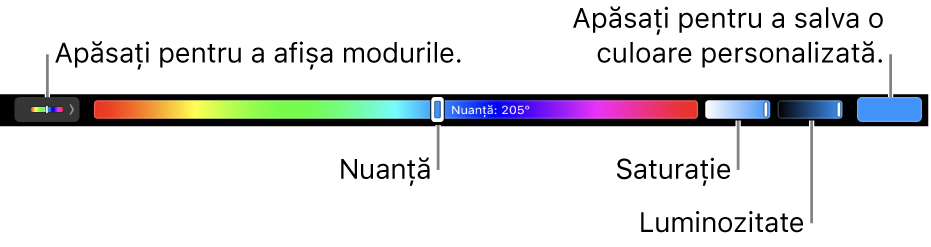 Touch Bar afișând glisoarele de nuanță, saturație și luminozitate pentru modul HSB. La capătul din stânga se află butonul pentru afișarea tuturor modurilor; în dreapta, butonul pentru salvarea unei culori personalizate.