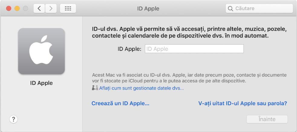 Casetă de dialog pentru autentificarea în ID-ul Apple, pregătită pentru introducerea unui nume și a unei parole pentru ID-ul Apple.