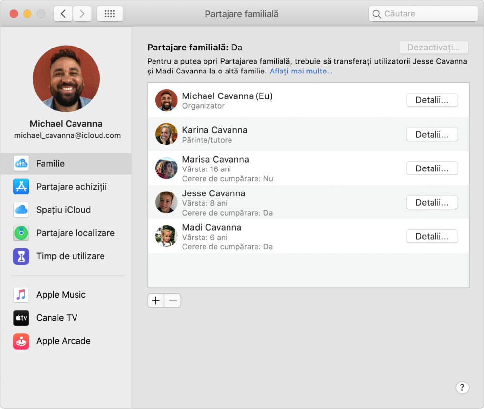 Preferințele Partajare familială afișând diferite opțiuni de cont în bara laterală și în dreapta, membrii familiei și detaliile acestora.