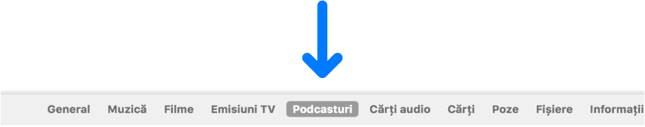 Bara de butoane cu butonul Podcasturi selectat.