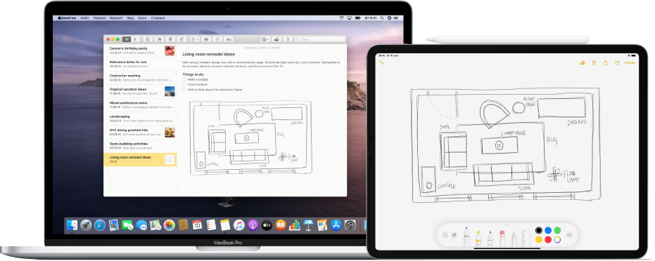 На экране iPad показана зарисовка. Рядом находится Mac с приложением «Заметки», в котором показана та же зарисовка.