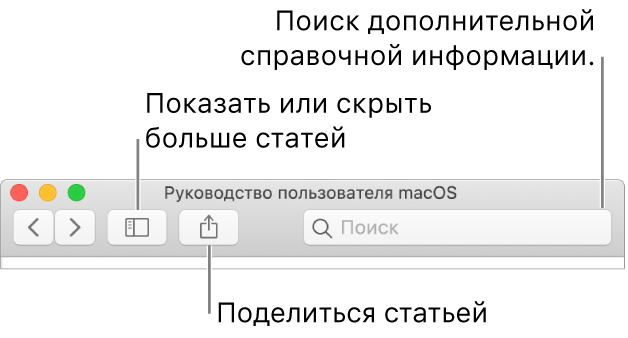 Окно справки. Показаны: кнопка в панели инструментов, позволяющая скрыть или отобразить оглавление; кнопка, позволяющая поделиться темой; и поле поиска по темам справки.