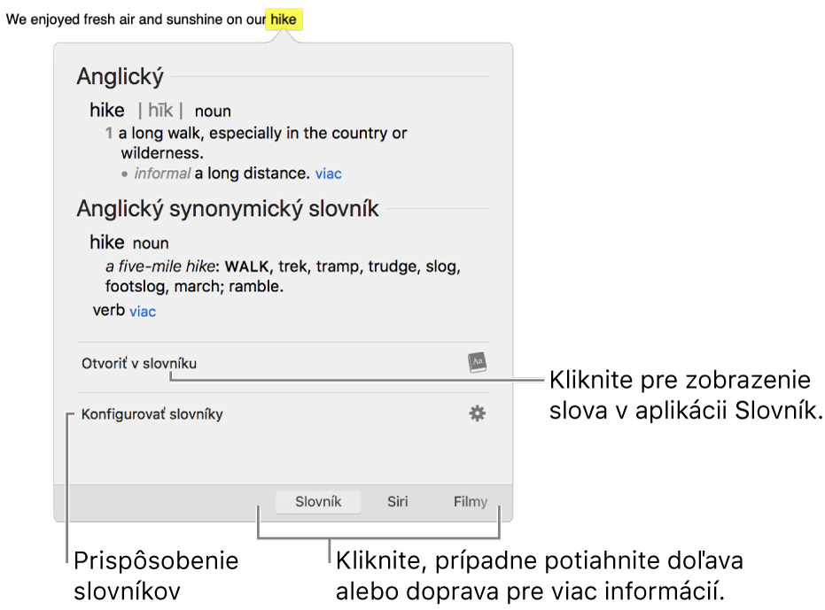 Okno Prehľadať zobrazujúce definície slova v slovníku a synonymickom slovníku.