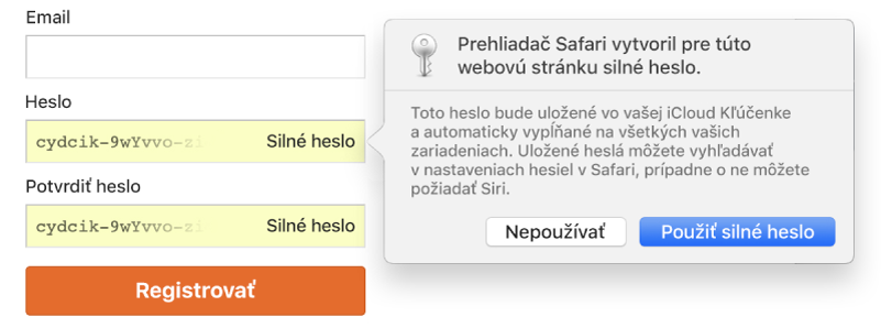 Upozornenie v Safari označujúce, že Safari vytvorilo silné heslo pre webovú stránku, a že toto heslo sa uloží do iCloud Kľúčenky.