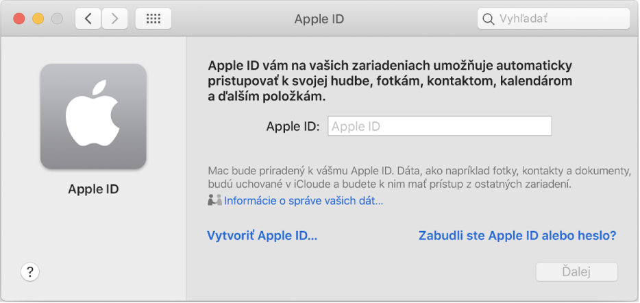 Dialógové okno Apple ID pripravené na zadanie Apple ID. Odkaz Vytvoriť Apple ID umožňuje vytvoriť nové Apple ID.