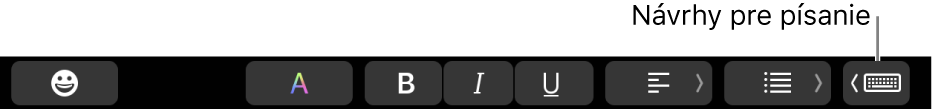 Tlačidlo Návrhy pre písanie v pravej polovici Touch Baru.
