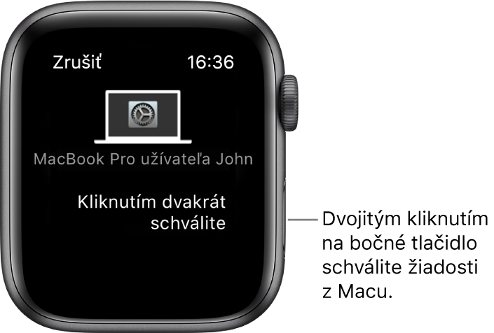 Apple Watch so žiadosťou o schválenie z MacBooku Pro.