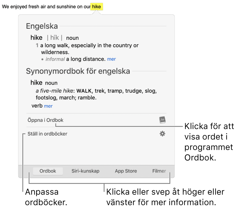 Fönstret Slå upp med definitioner för ett ord från Ordbok och Synonymordbok.
