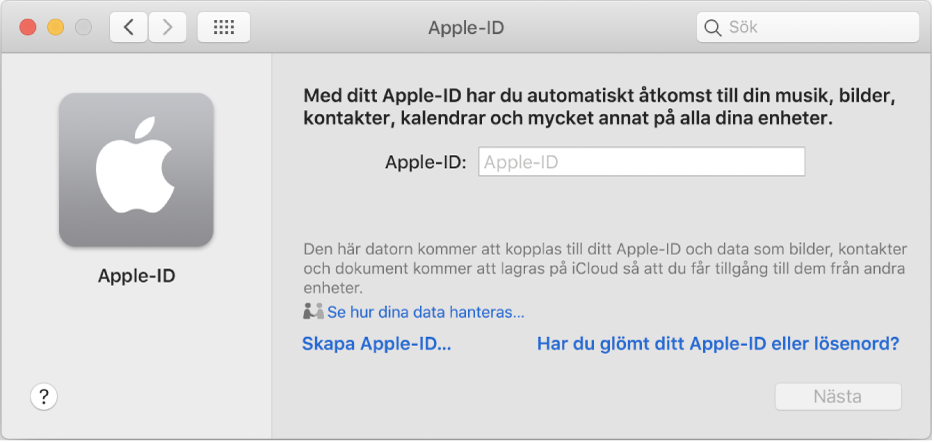 Dialogrutan för Apple-ID där ett Apple-ID kan anges. Med länken Skapa ett Apple-ID kan du skapa ett nytt Apple-ID.