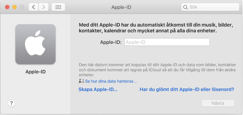 Dialogrutan för Apple-ID-inloggning, där ett Apple-ID och ett lösenord kan anges.