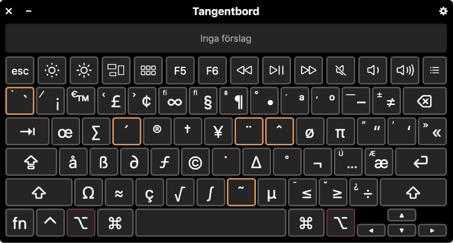 Tangentbordsvisare med ABC-layouten och fem döda tangenter markerade.