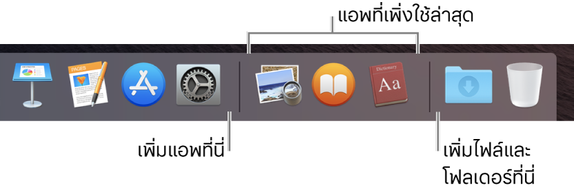 ปลายด้านขวาของ Dock เพิ่มแอพไปทางซ้ายของส่วนแอพที่ใช้ล่าสุดและเพิ่มโฟลเดอร์ไปทางขวาของส่วนนั้น ซึ่งมีสแต็ครายการดาวน์โหลดและถังขยะอยู่