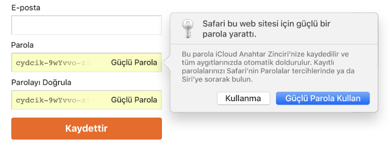 Safari’nin web sitesi için güçlü bir parola yarattığını ve bunu iCloud Anahtar Zinciri’ne kaydedileceğini belirten bir Safari uyarısı.