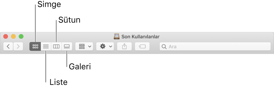 Finder penceresindeki Görüntüle düğmeleri.