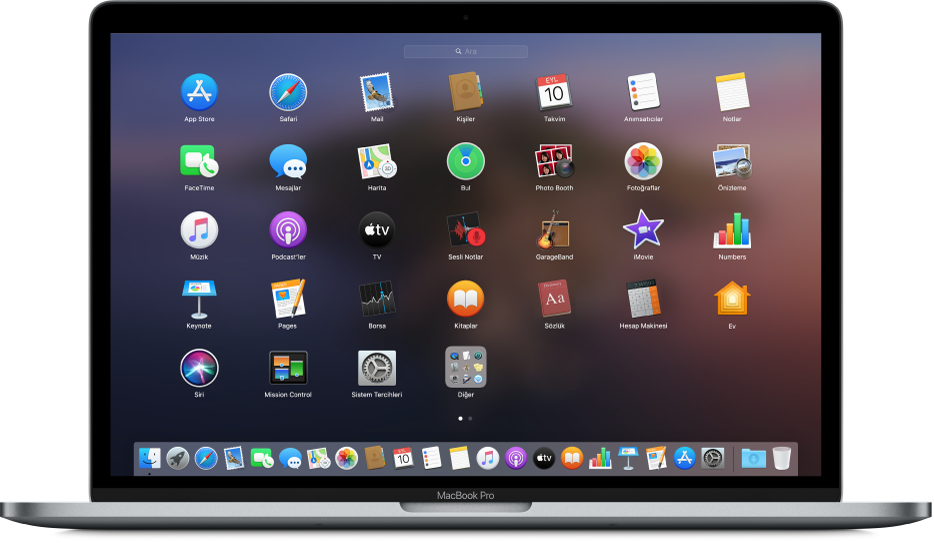 Uygulama simgelerini Mac ekranı genelinde ızgara düzeninde gösteren Launchpad.