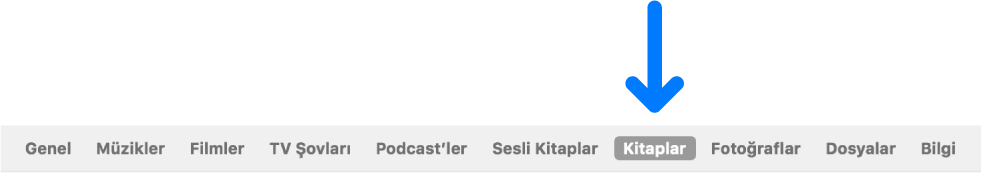 Kitaplar’ı seçili olarak gösteren düğme çubuğu.